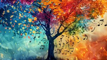 A tree with multicolored leaves each one a different genre of music blending together to create a beautiful harmony photo