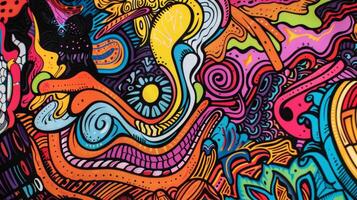 A closeup of a vinyl record sleeve with intricate psychedelic artwork and bold block letters showcasing the name of the band photo