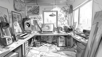 A sketch of an artists studio littered with sketches paintings and vinyl records a bustling hub of creativity and inspiration photo