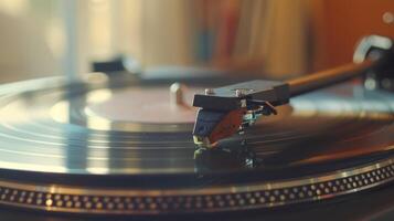 The precise placement of a record needle on a vintage turntable ready to play old school tunes photo