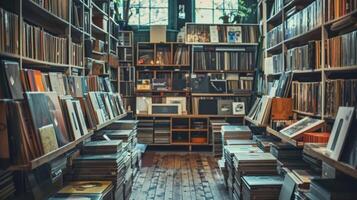 A snapshot of a record store with shelves stacked high and overflowing with vinyl giving a glimpse into the producers love for collecting and discovering rare finds photo
