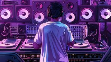 A stylized illustration of a sound engineer in front of a turntable and various audio equipment suggesting the expertise and knowledge needed to achieve optimal sound quality from vinyl photo