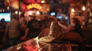 In a busy shopping district a vinyl bar caters to the country music crowd. Cowboy hats and boots can be seen as patrons twostep to the country tunes creating a fun and welcoming photo