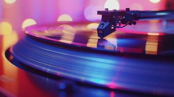 A closeup of a needle on a turntable playing a newly pressed record and producing the warm rich sound that vinyl is known for photo