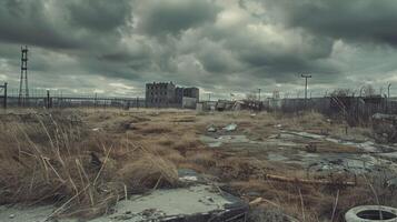 A barren wasteland with abandoned buildings and scavengers reminiscent of the desolate and melancholic covers of postpunk and alternative rock records photo