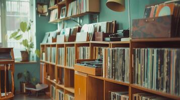 A relaxed cafe with a record wall inviting customers to sit back browse and select from a diverse collection of records photo
