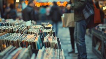 A small vintage shop with a record section tucked in the back and customers browsing through crates of vinyl photo