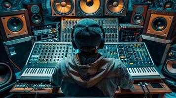 A sound engineer surrounded by audio equipment emphasizing the intricate and technical nature of producing and mastering music for vinyl photo