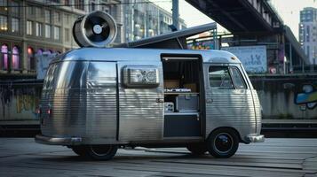 A sleek silver van with a record player attached to the roof drawing curious onlookers around as it drives through the city. Bringing an unexpected twist to the traditional mobile D photo