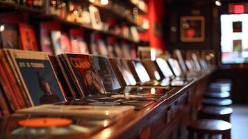 A row of vinyl records lines the bar giving customers a glimpse of the impressive collection available photo