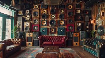 Vintage speakers line the walls adding a touch of nostalgia to this audio lovers paradise photo