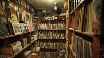 A glimpse into a vinyl enthusiasts home with floortoceiling shelves filled with records of all sizes and colors photo