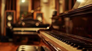 The music room features a grand piano and an impressive set of tower speakers creating a dreamy atmosphere for playing and listening to music photo