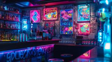 Every corner of the bar is adorned with neon signs and colorful posters featuring abstract artwork photo