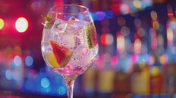 A refreshing gin and tonic with a funky twist inspired by the energetic sounds of 70s disco being poured at the glittery bar counter photo