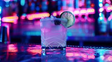 A crisp and refreshing gin cocktail named after a popular song from the electronic music genre being sipped at a futuristic bar with LED lights and futuristic decor photo