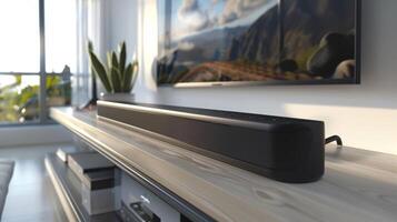 A sleek and compact sound bar offers powerful sound and a sleek design perfect for complementing a modern entertainment setup photo