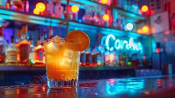 A whiskey sour with a twist inspired by the soulful sounds of Motown being sipped at a bar decorated with retro neon signs and Motown memorabilia photo