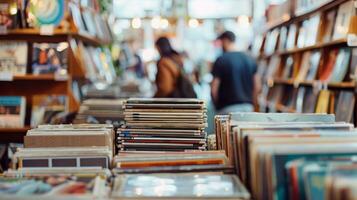 Customers browse through stacks of records while chatting with the friendly staff at this laidback record shop photo