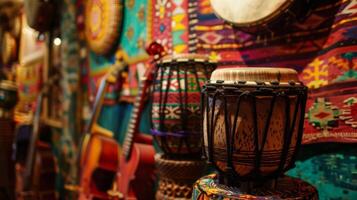 The World Music Haven With colorful tapestries and instruments from different cultures decorating the walls this corner is a celebration of music from around the world. Musicians pla photo