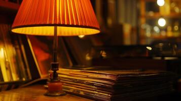 The soft orange glow of a lamp illuminating a stack of vinyl records creating a cozy and intimate atmosphere for theutic listening photo