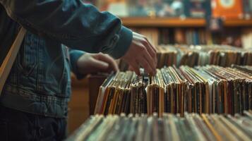A the and client browsing through a collection of vinyl records discussing potential songs to incorporate into future sessions photo
