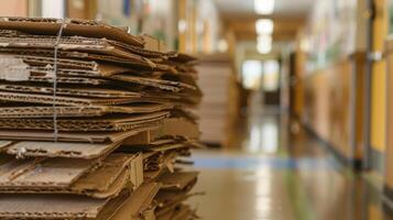 Closeup of a stack of flattened cardboard boxes waiting to be collected and recycled in the corner of a busy hallway at a school photo