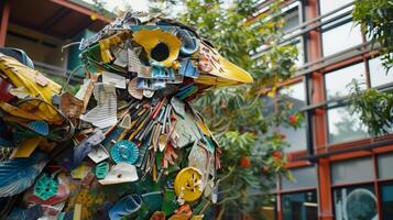 A large sculpture made out of recycled materials proudly displayed in the school courtyard as a symbol of the schools commitment to sustainability and recycling photo