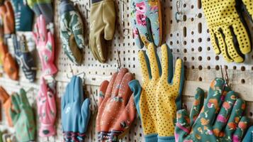 An array of gardening gloves in varying sizes and patterns hung on a wooden pegboard photo