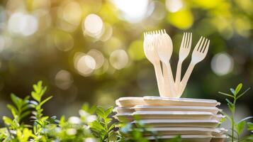 A stack of compostable utensils made from corn starch providing a ecofriendly option for picnics and barbecues photo