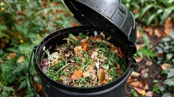 A compost bin with an open lid revealing a mixture of vegetable scraps shredded paper and leaves inside photo