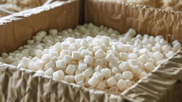 A container of biodegradable packing peanuts a sustainable solution for protecting fragile items during shipping photo