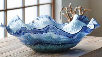 A stunning centerpiece bowl made entirely from crushed and melted recycled glass displaying a mesmerizing pattern and texture photo