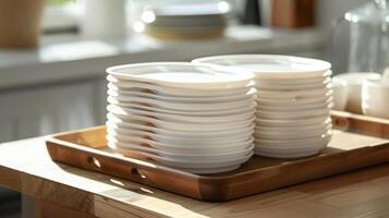 A stack of sleek white compostable plates elegantly displayed on a wooden tray photo