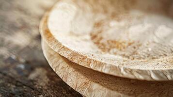 A closeup of a biodegradable plate made from recycled paper pulp with a textural earthy finish photo