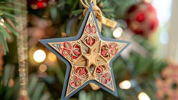 A starshaped ornament crafted from recycled paper and adorned with intricate designs photo
