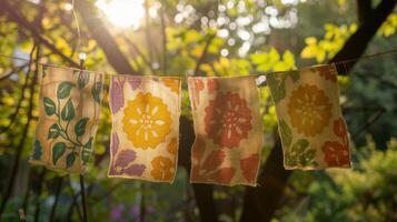 A handmade banner made from burlap and stenciled with ecofriendly dyes photo