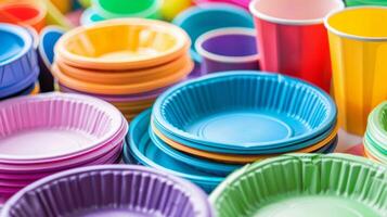 A colorful assortment of compostable plates cups and lery all made from environmentallyfriendly materials photo