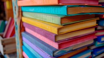 A pile of colorful recycled paper notebooks stacked neatly on a wooden shelf and ready to be used for writing and sketching photo