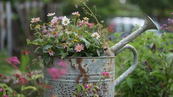 A vintage watering can with holes drilled into the bottom has been repurposed into a rustic planter for flowers photo