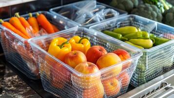 A storage container filled with mesh produce bags making it convenient to grab and go for a quick trip to the grocery store photo