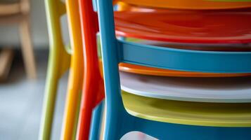 A set of colorful and stackable chairs all made from recycled plastic adding a fun and sustainable touch to any space photo