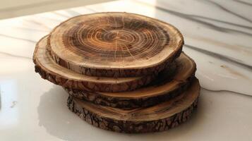 A set of handcrafted coasters made from salvaged tree branches each one displaying a different natural pattern photo