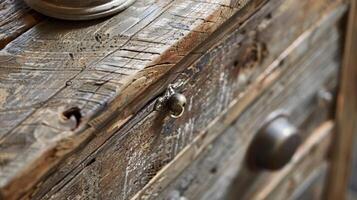 A charming bedside table created from old fence posts featuring a distressed finish and antique drawer pulls photo