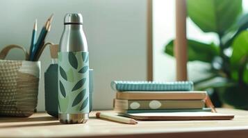 A sleek stainless steel water bottle adorned with a leaf pattern sitting on a desk next to a stack of recycled paper notebooks and a plantable pencil made from recycled paper embedde photo
