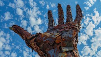 A powerful sculpture resembling a human hand reaching towards the sky made entirely from rusted metal scraps representing the cycle of creation and destruction photo