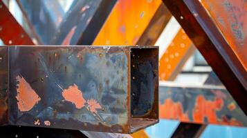 A geometric sculpture made from recycled steel beams creating a bold and industrial visual display photo