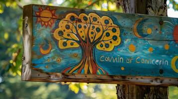 A sign with a folk artstyle painting of a tree and the words Roots of Connection symbolizing the way the community garden brings people together photo