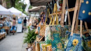 A booth selling handpainted canvas bags made from recycled materials with a sign promoting the reduction of singleuse plastic photo
