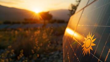 A label with a sun graphic and the words solarpowered showcasing the use of renewable energy in production photo